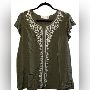 Time and Tru Olive Green Embroidered Flutter Sleeve Blouse